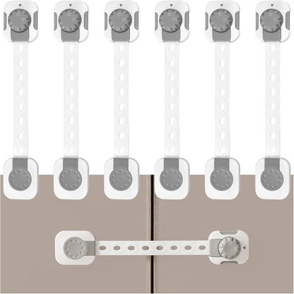 Fursafe&Q child safety cabinet locks front view package showing six white adhesive straps for baby proofing home appliances.