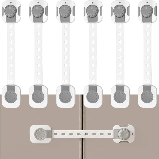 Fursafe&Q child safety cabinet locks front view package showing six white adhesive straps for baby proofing home appliances.