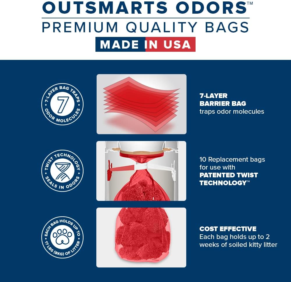 USA imported Red Rocket preformed cat litter bags designed for multi kitty twist disposal systems.