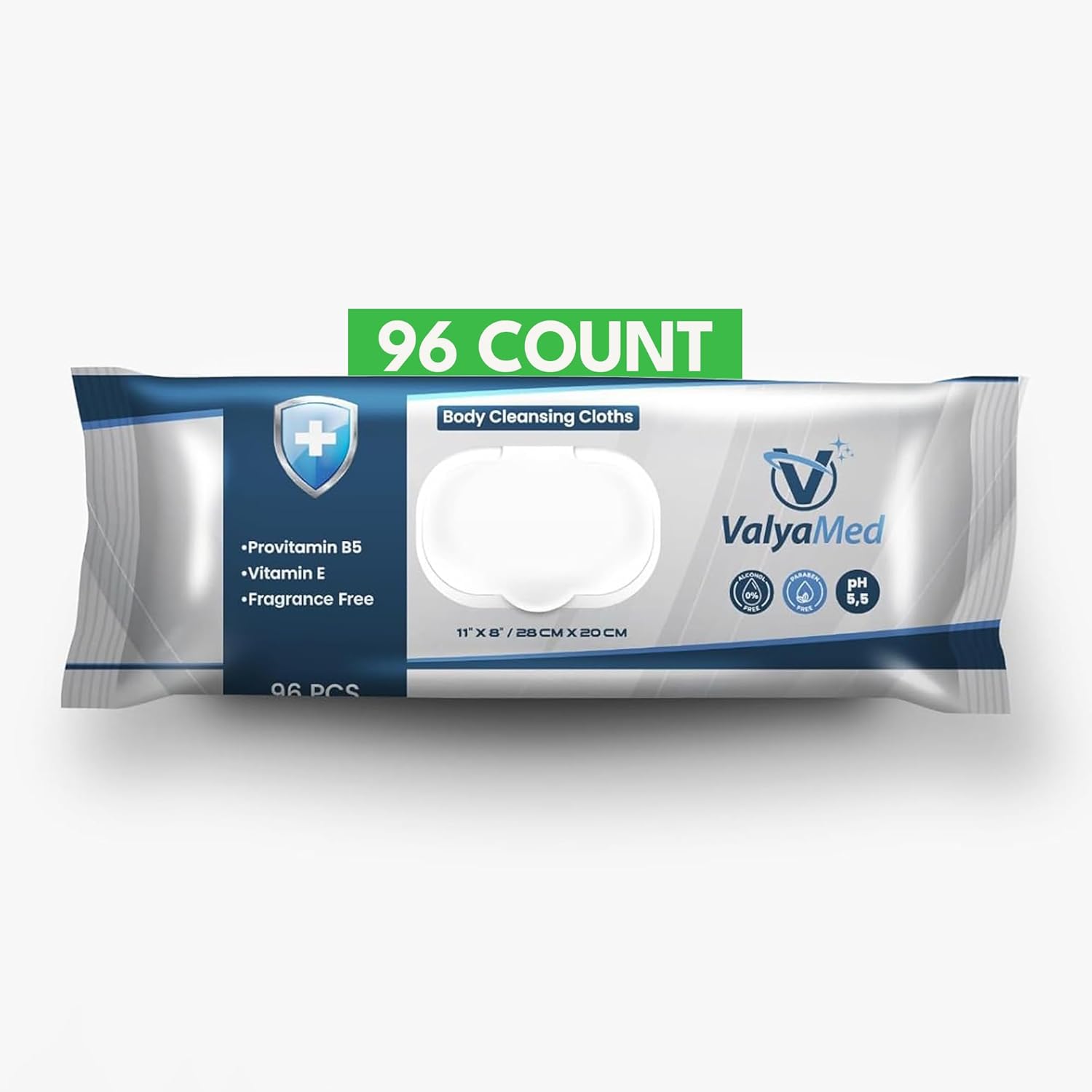ValyaMed body wipes for adults front view packaging showing ninety six count adult cleansing cloths.