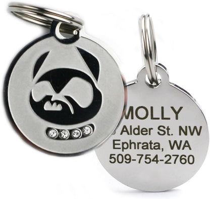 Close up of permanent clear engraving on premium metallic kitten collar charm