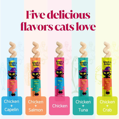 Cat enjoying a Witch's Recipe chicken and salmon flavor treat
