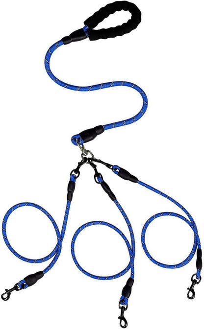 Generic double dog leash front view showing blue braided nylon rope and padded handle.