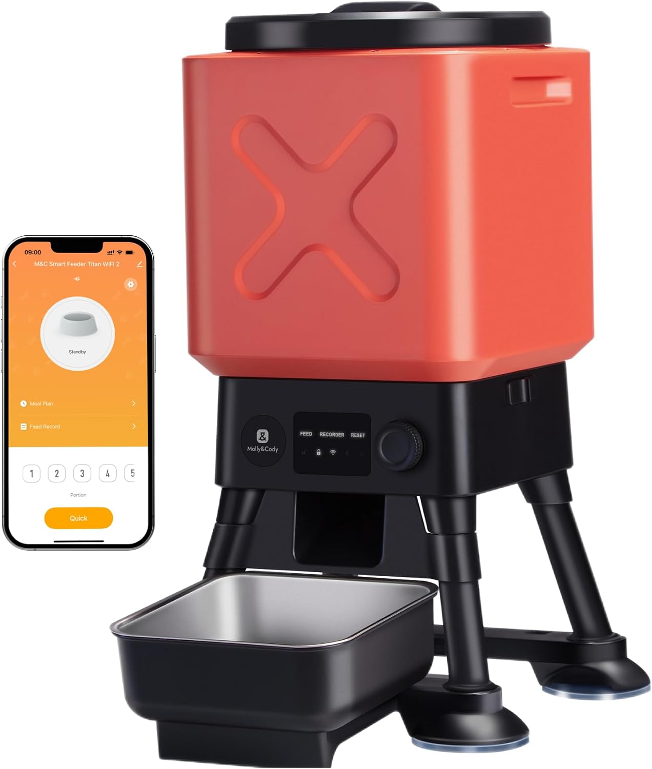 Molly And Cody Smart Feeder Titan automatic dog feeder front view showing the orange container and elevated stainless steel bowl.