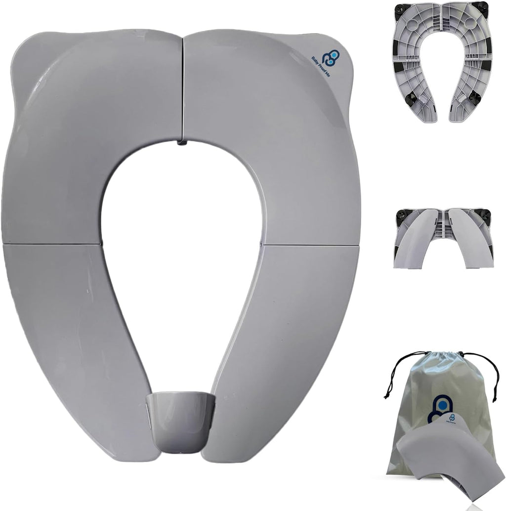 Baby Proof Me Essentials travel potty seat front view open on adult toilet