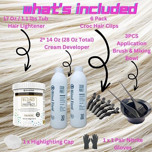 Blond Forte thirty volume developer bottle alongside salon accessories included in the ten bonus items package.