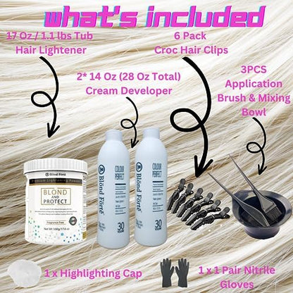 Blond Forte thirty volume developer bottle alongside salon accessories included in the ten bonus items package.