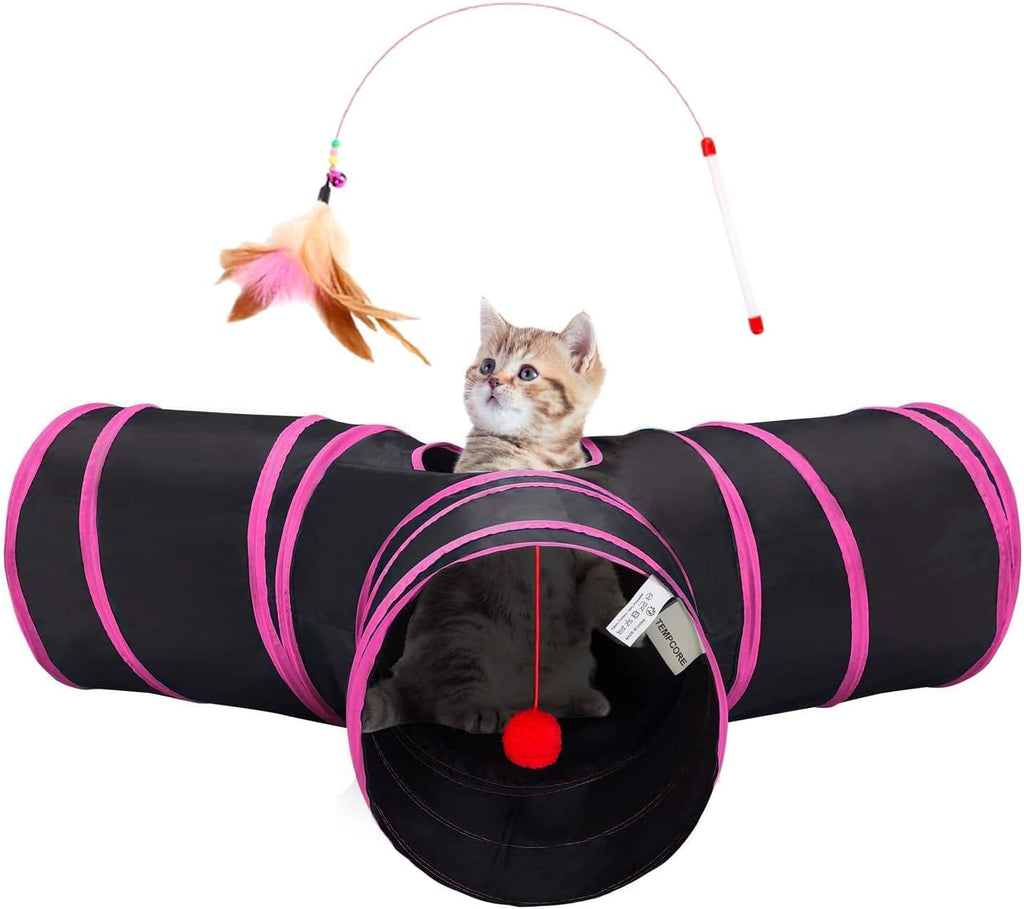 Tempcore Pet Cat Tunnel Tube Toys 3 Way Collapsible, Tunnels for Indoor Cats, Interactive Tube with Teaser Wand, Peek Holes & Hanging Ball, Black & Blue - Image 10