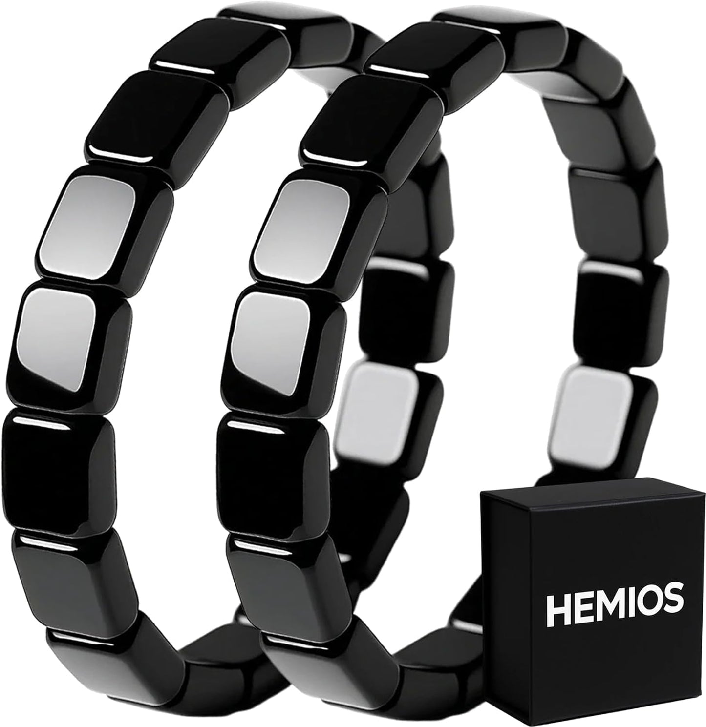 NORLSO Hemios Hematite Bracelet front view showing polished black natural stone beads.