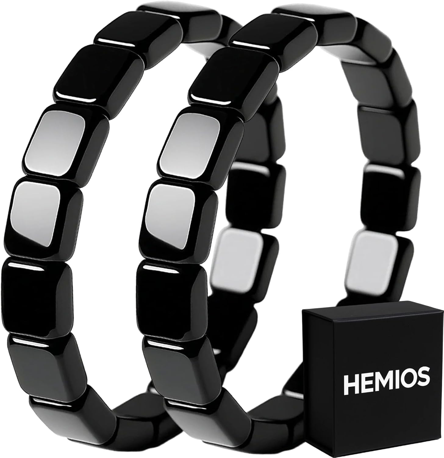 NORLSO Hemios Hematite Bracelet front view showing polished black natural stone beads.