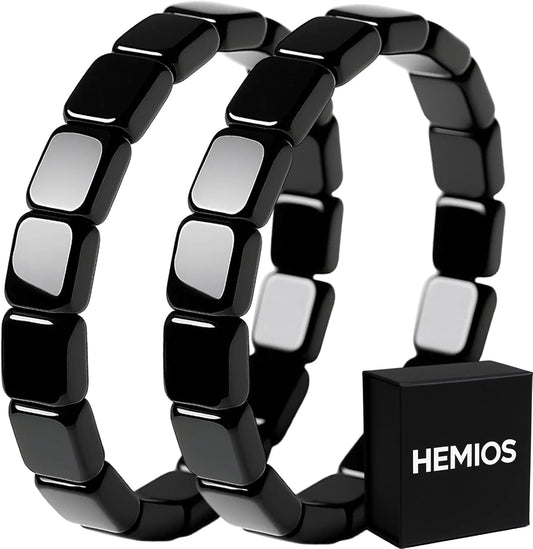 NORLSO Hemios Hematite Bracelet front view showing polished black natural stone beads.