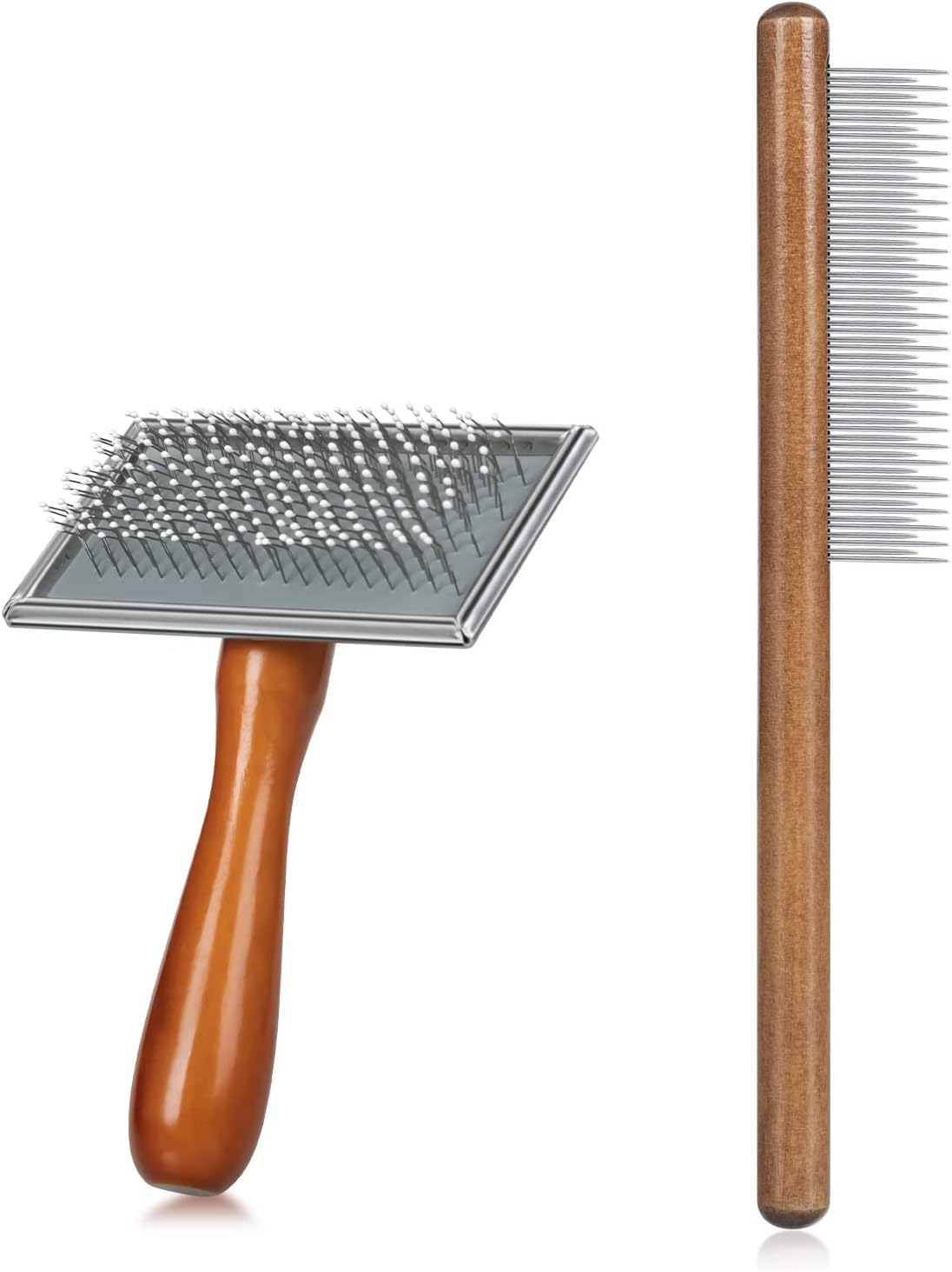 MAEXUS Cat Comb and Self Cleaning Slicker Brush front view showcasing the premium wooden handle and protective wire bristles.