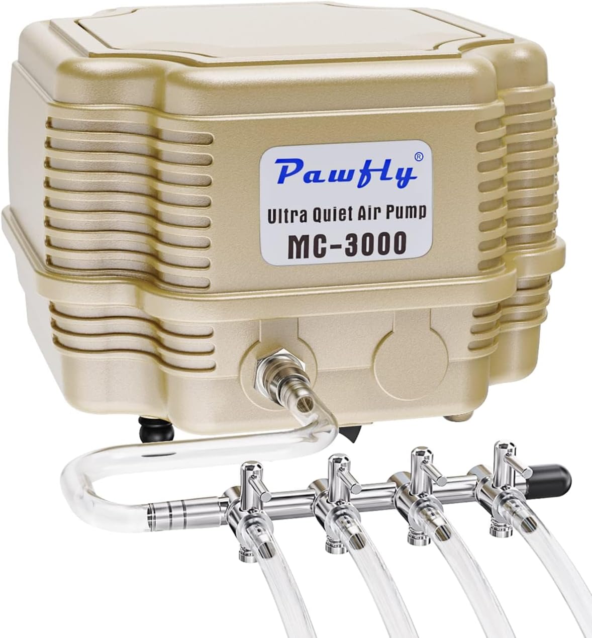 Pawfly Commercial Aquarium Air Pump MC3000 front view showcasing the gold housing and 4-outlet copper manifold