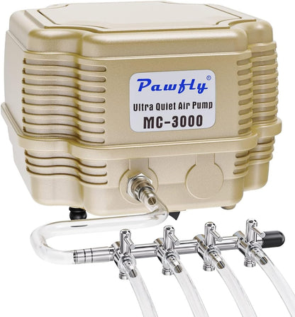 Pawfly Commercial Aquarium Air Pump MC3000 front view showcasing the gold housing and 4-outlet copper manifold