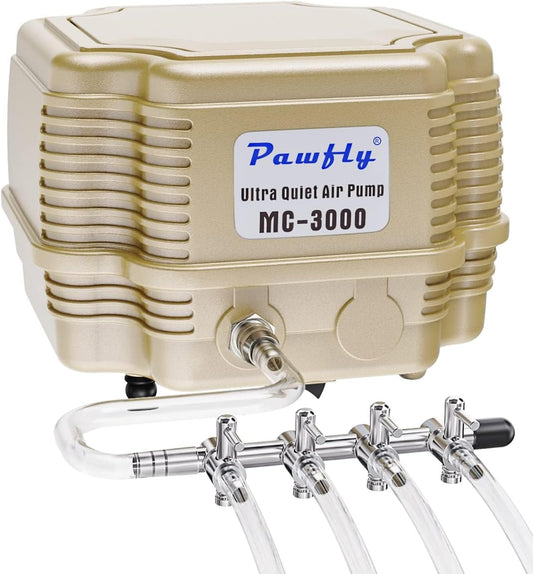 Pawfly Commercial Aquarium Air Pump MC3000 front view showcasing the gold housing and 4-outlet copper manifold