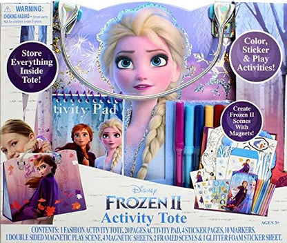 Disney Frozen travel art set opened up with coloring books and crayons on display.