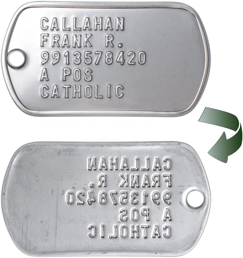 Authentic US Army spec customized veteran identification plates showcasing five lines of text.