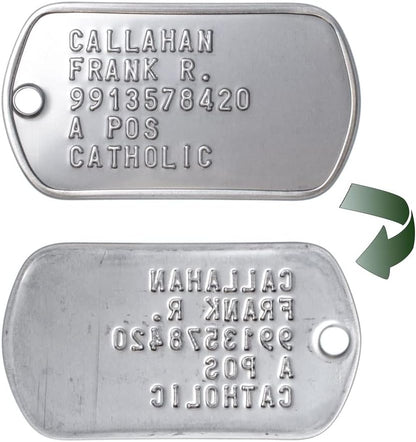 Authentic US Army spec customized veteran identification plates showcasing five lines of text.