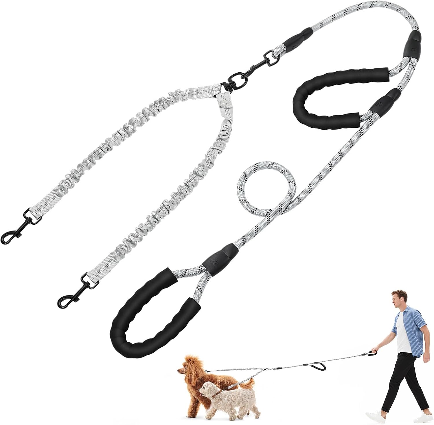 Tivray double dog leash front view showcasing gray shock absorbing bungee cords.