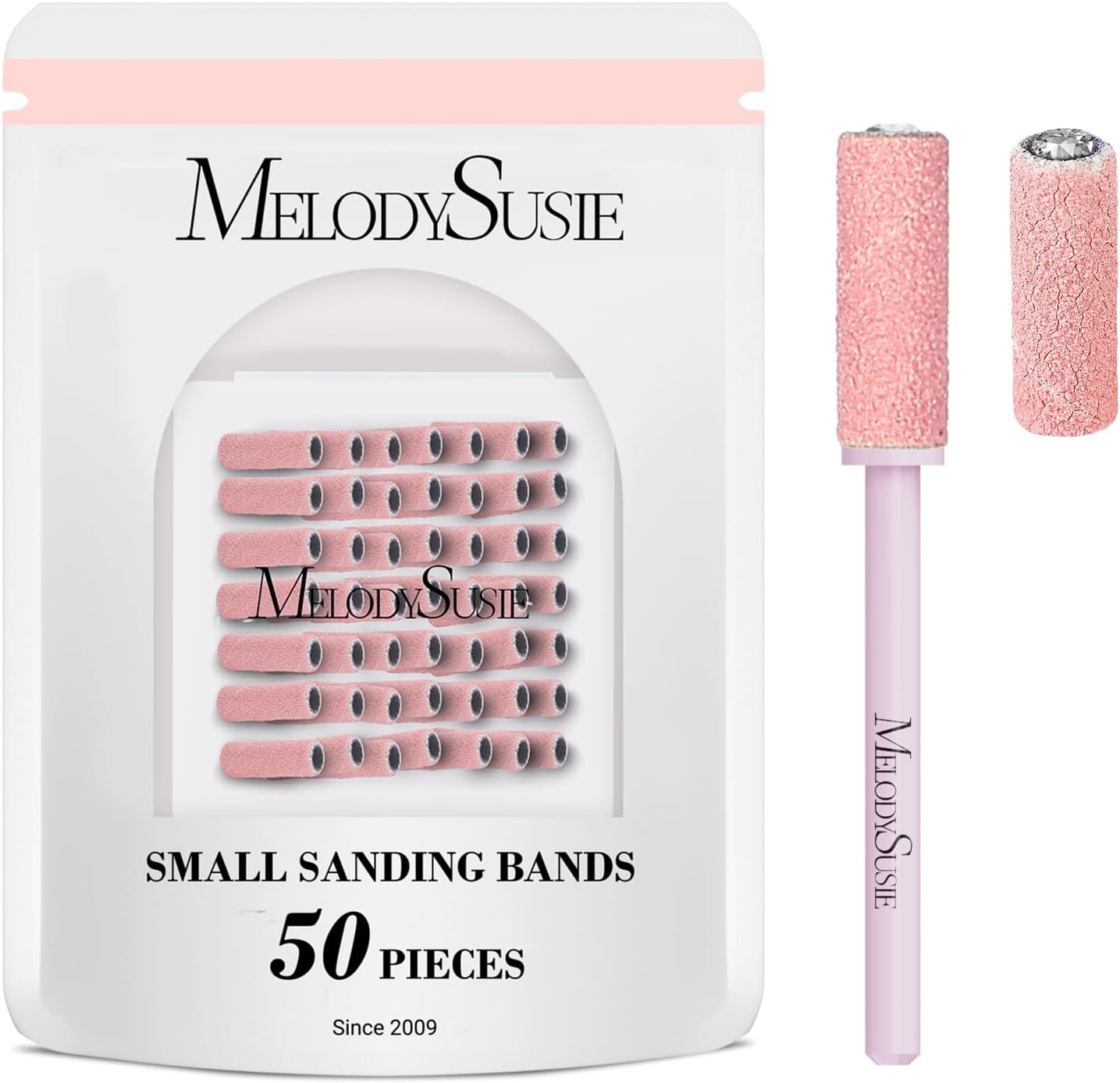 MelodySusie small sanding bands 50 count retail box package front view showing pink bands