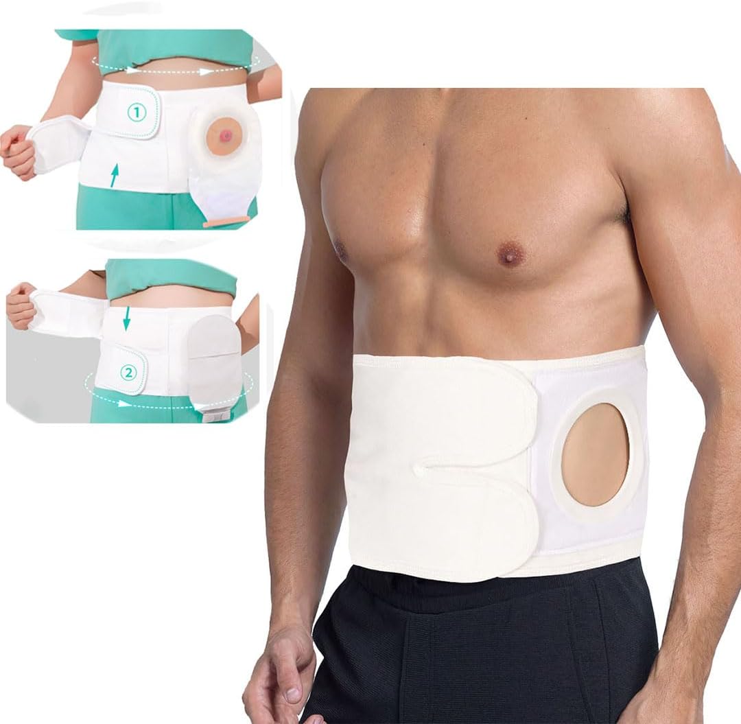 Flosmore Ostomy Support Belt front view showing white adjustable abdominal binder material