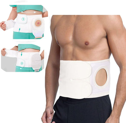 Flosmore Ostomy Support Belt front view showing white adjustable abdominal binder material