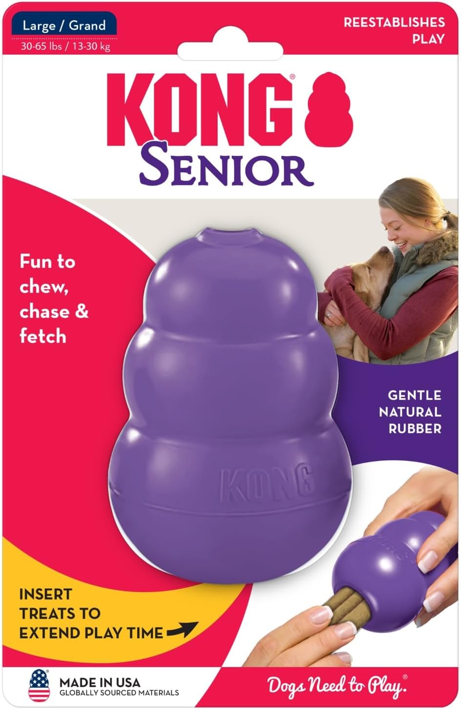 Large size KONG senior gentle rubber chew toy presentation.