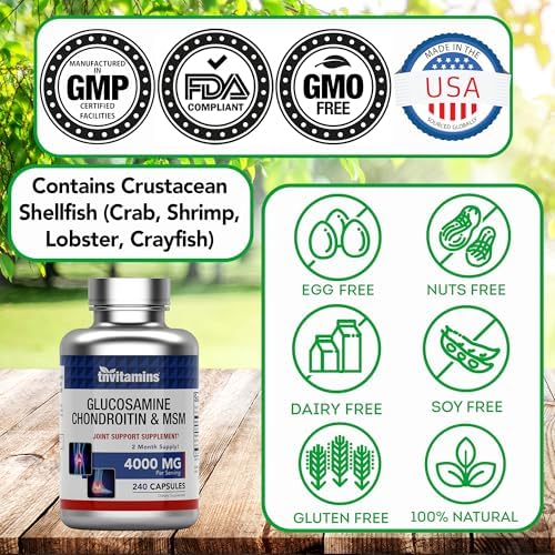 tnvitamins Glucosamine Chondroitin MSM Capsules, 240 Count | 4,000 mg Per Serving | 2,000 mg Glucosamine Sulfate 2KCl + 2,000 mg MSM & Chondroitin Blend | Joint Support Supplement - Image 6