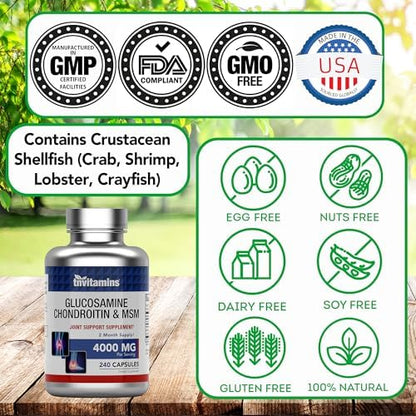 tnvitamins Glucosamine Chondroitin MSM Capsules, 240 Count | 4,000 mg Per Serving | 2,000 mg Glucosamine Sulfate 2KCl + 2,000 mg MSM & Chondroitin Blend | Joint Support Supplement - Image 6
