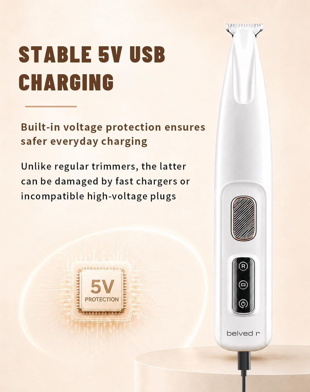 Complete Belvedir pet grooming kit showcasing the micro trimmer with its USB charging cable and cleaning accessories.