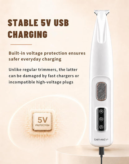 Complete Belvedir pet grooming kit showcasing the micro trimmer with its USB charging cable and cleaning accessories.