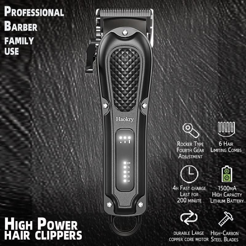 Haokry eleven piece mens grooming kit laid out flat with all attachment guards cape and cleaning oil.