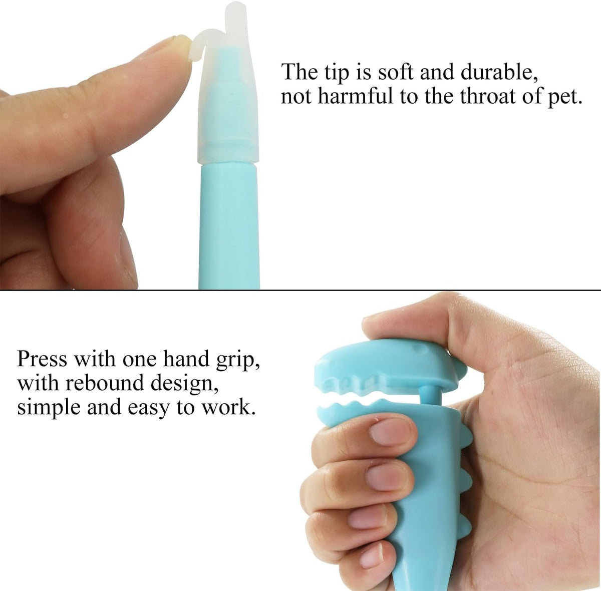 Side view of blue pet medication feeder for small animals