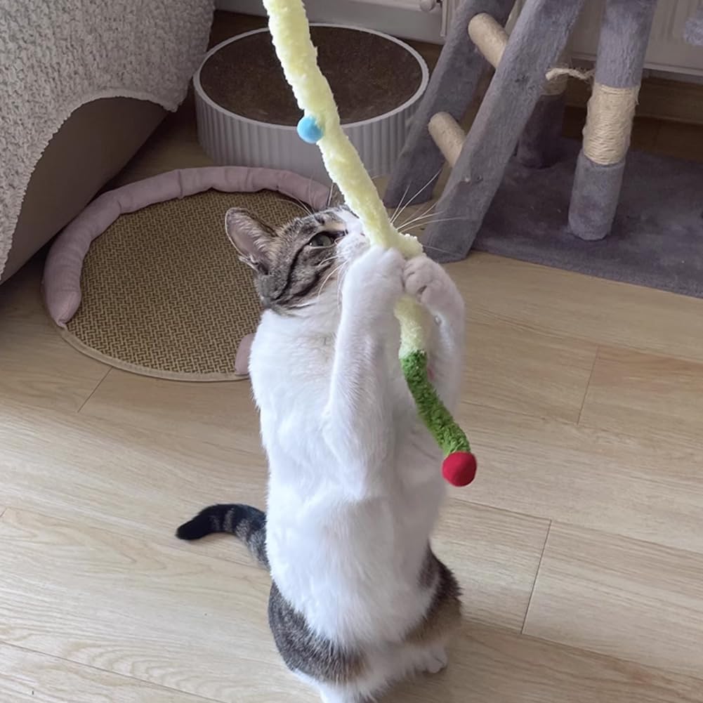 Interactive pet wand toy with ringing bell and fluffy ball