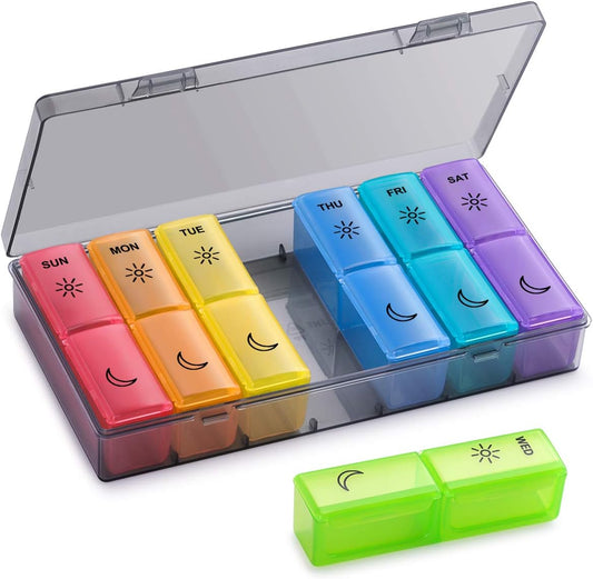 BUG HULL Large Weekly Pill Organizer front view showing 14 rainbow compartments for AM PM supplement planning