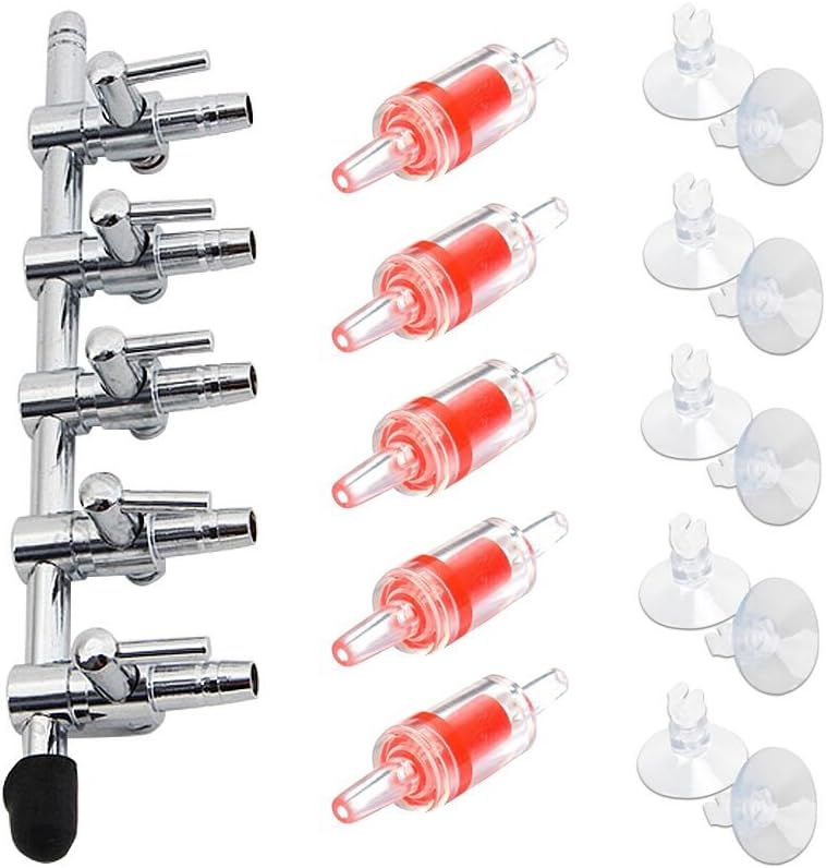 Secure mounting setup of an aquarium airline manifold distributor using clear glass suction cups.