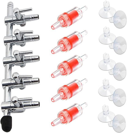 Secure mounting setup of an aquarium airline manifold distributor using clear glass suction cups.