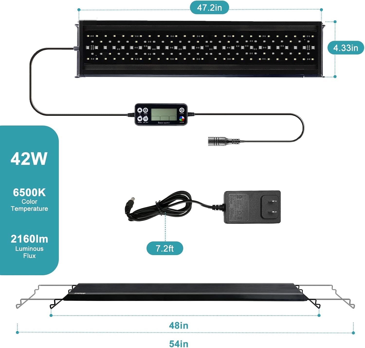 Switior LED fish tank light showing the 24 hour natural sunrise and sunset simulation cycle stages.