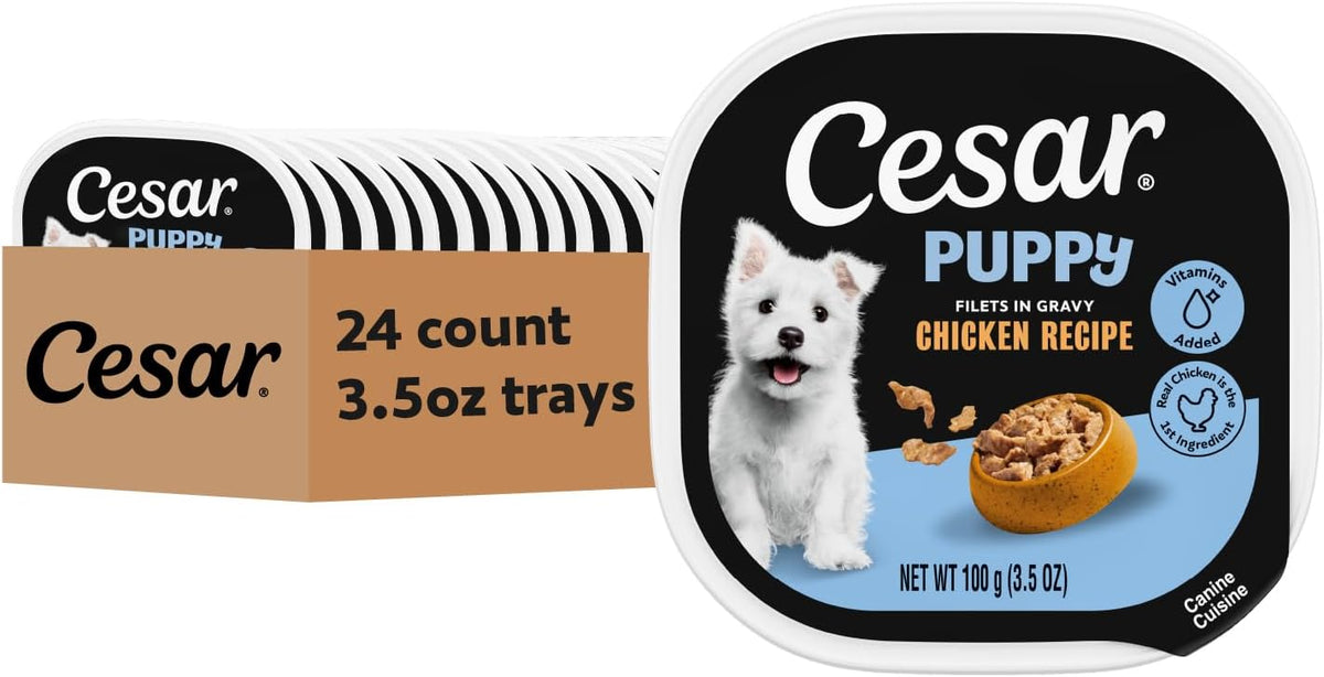 Cesar Puppy Classic Loaf in Sauce and Filets in Gravy Wet Dog Food Variety Pack, Chicken & Beef and Chicken Recipes, 3.5 oz. Easy Peel Trays, Dog Food Toppers, 12 Count (Pack of 2) - Image 9