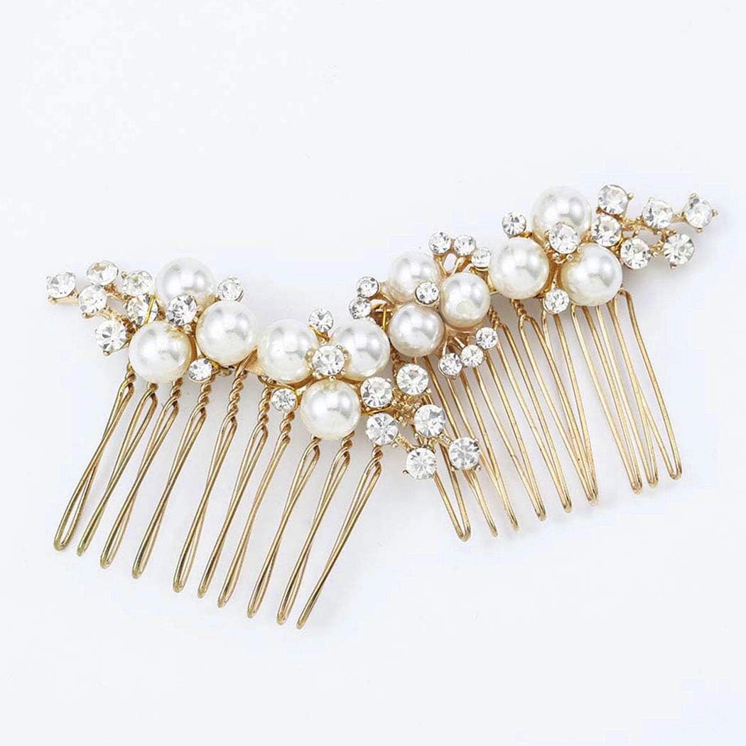 Asooll gold wedding pearl hair comb set front view
