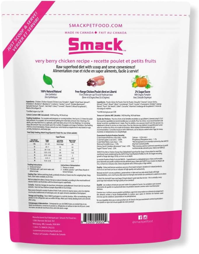 Smack Very Berry Chicken premium dog food packaging product details