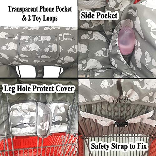 Love and go gray elephant patterned baby shopping cart cover showing leg hole protect covers