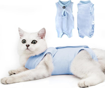 Rear view of the Doton feline surgical shirt demonstrating the litter box friendly design.