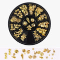 Xinjincang gold ocean metallic nail art studs front view showcasing the 12 grid package.