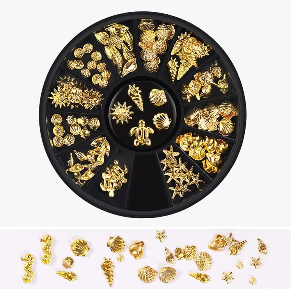 Xinjincang gold ocean three dimensional nail art studs front view of twelve compartment storage wheel.