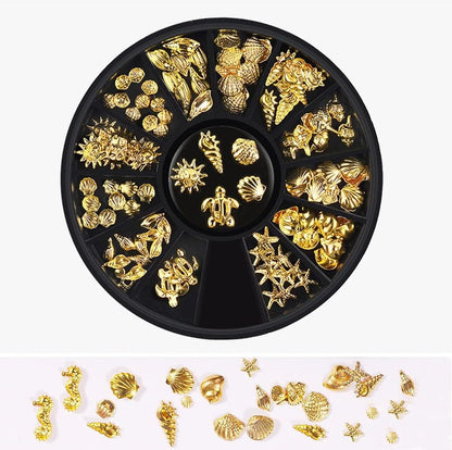 Xinjincang gold ocean three dimensional nail art studs front view of twelve compartment storage wheel.