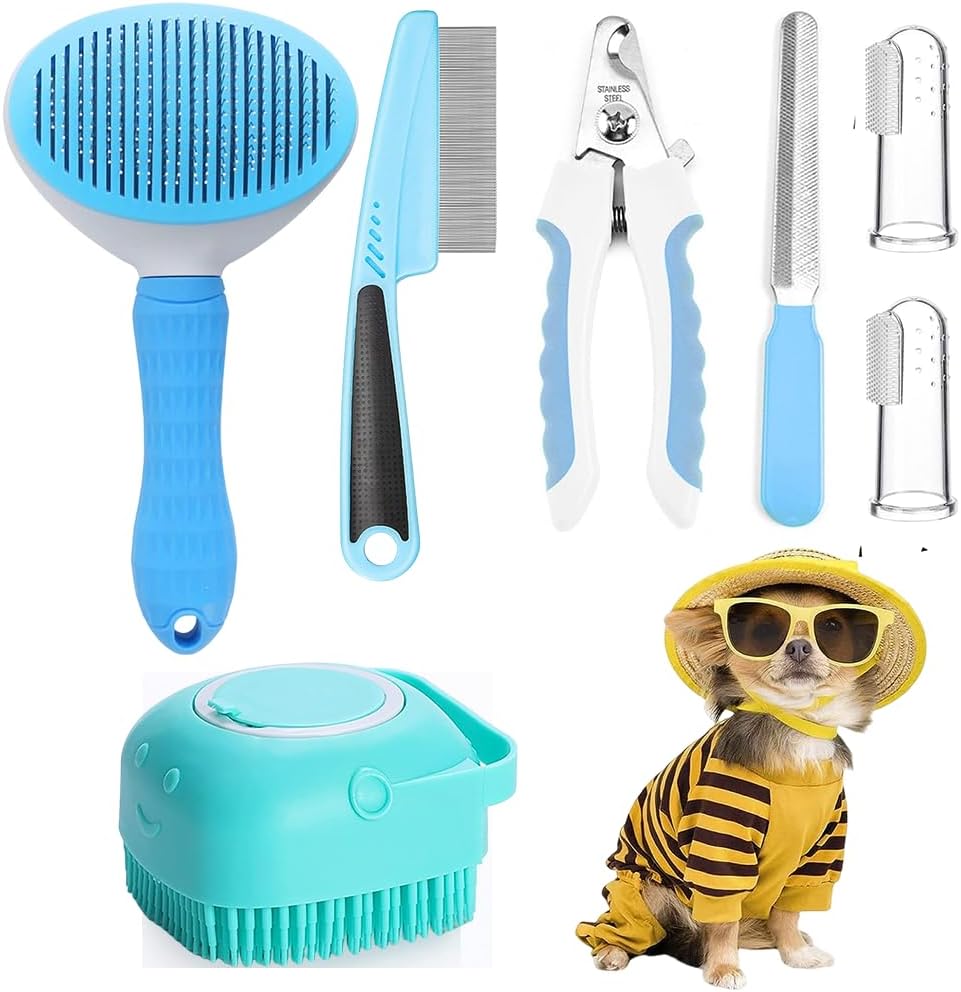 Close up view of the round tipped needles on the pet deshedding brush