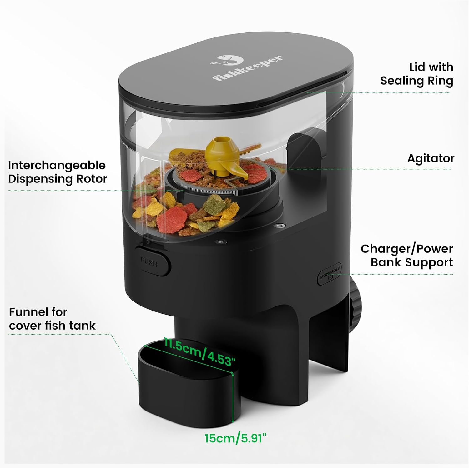 Fishkeeper automatic fish feeder packaging showing all included mounting accessories and instruction guide.