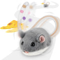 Migipaws Interactive MigiMouse Cat Toy front view of the grey plush electronic mouse on a hard floor.