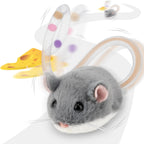 Migipaws Interactive MigiMouse Cat Toy front view of the grey plush electronic mouse on a hard floor.